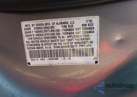 2005 Honda Odyssey Touring z USA, uszkodzony, nr VIN 5FNRL38895B132872